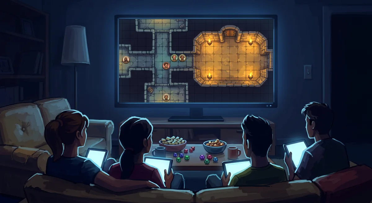Vier Spieler auf einer Couch mit Tablets, an der Wand zeigt ein Fernseher die Dungeon-Karte