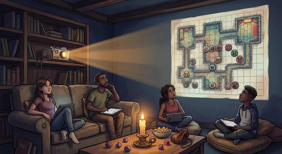 Wohnzimmer bei Nacht, ein Beamer wirft die Dungeon-Karte an die Wand, Spieler mit Tablets auf der Couch