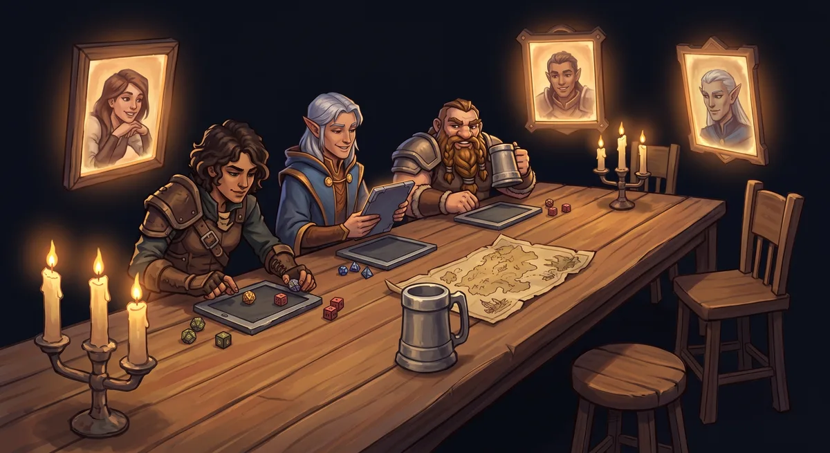 Tavernentisch mit drei Spielern, an zwei Plätzen leuchten gerahmte Gesichter, wie zugeschaltet