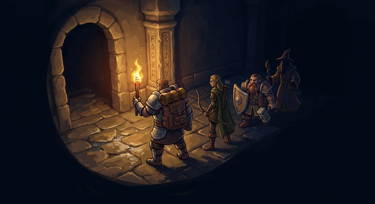 Abenteurergruppe mit Fackel im Dungeon, hinter ihnen verschluckt Dunkelheit den Gang