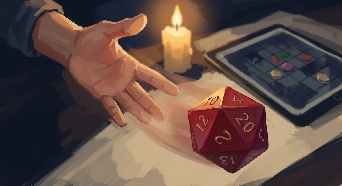 Hand wirft einen roten W20, dahinter unscharf ein Tablet mit Battlemap