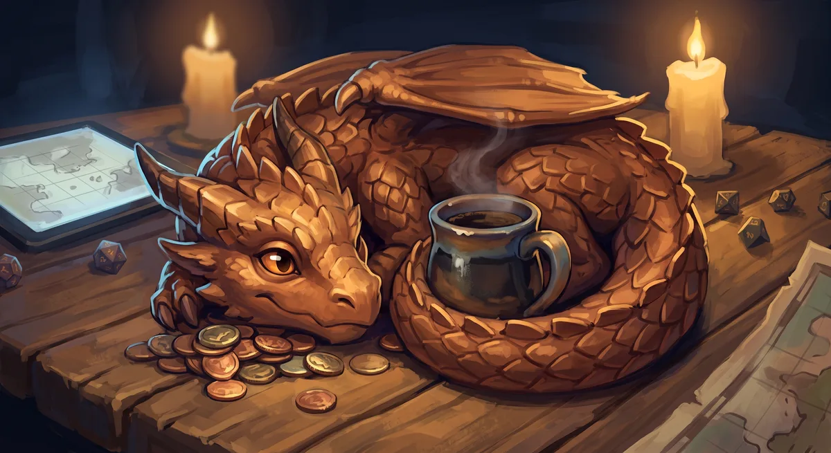Kleiner Kupferdrache liegt zusammengerollt um eine Kaffeetasse auf einem Spieltisch und bewacht einen Haufen Münzen