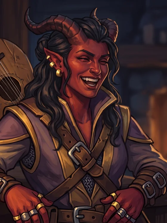 Lachende Tiefling-Bardin mit roter Haut, geschwungenen Hörnern und einer Laute