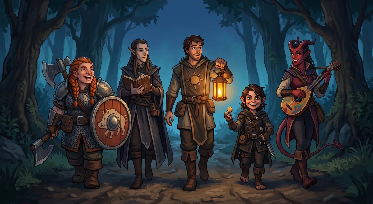 Abenteurergruppe aus Zwergen-Kämpferin, Elfen-Magier, Kleriker mit Laterne, Halbling-Schurkin und Tiefling-Bardin auf einer Waldstraße bei Dämmerung