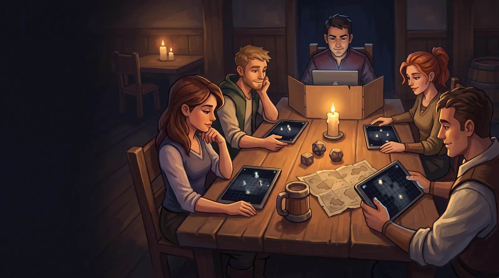 Fünf Freunde sitzen abends um einen Holztisch, jeder mit einem Tablet, auf dem die Heldentisch-Battlemap leuchtet; in der Mitte Würfel, Kerze und eine Papierkarte
