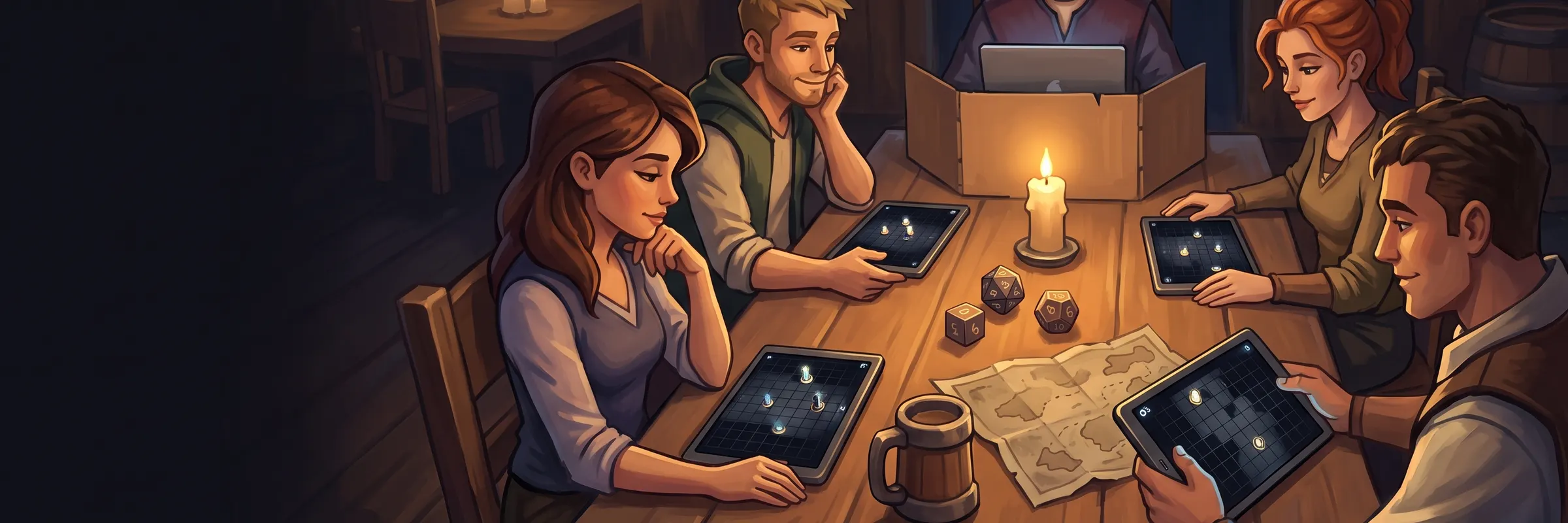Spielrunde am Holztisch, jeder mit einem Tablet