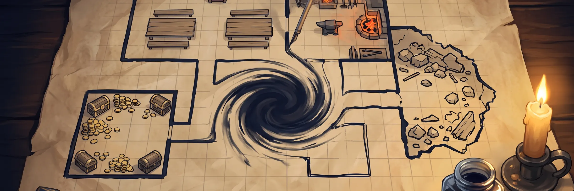 Handgezeichnete Dungeon-Karte auf Pergament mit Schreibfeder