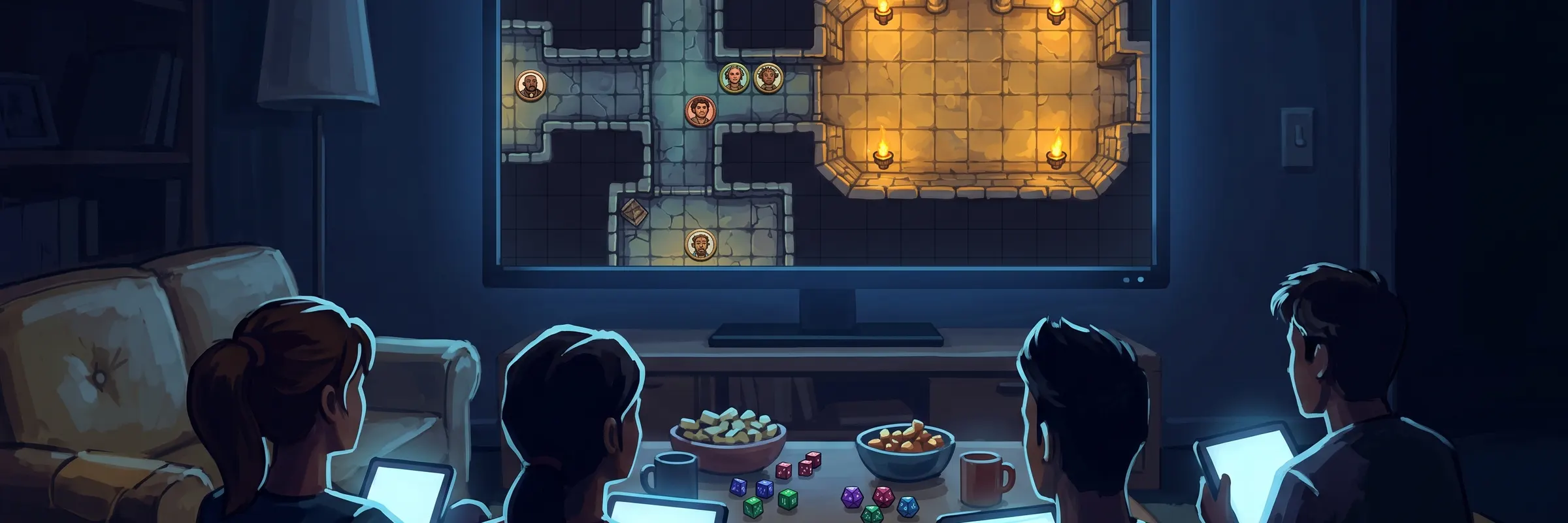 Spielgruppe vor einem Fernseher mit Dungeon-Karte