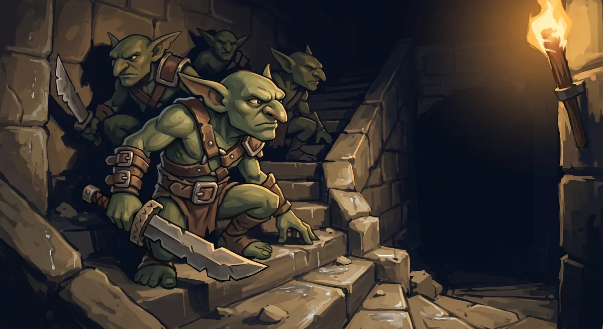 Drei Goblins kauern auf einer geröllbedeckten Dungeon-Treppe, rechts eine Wandfackel