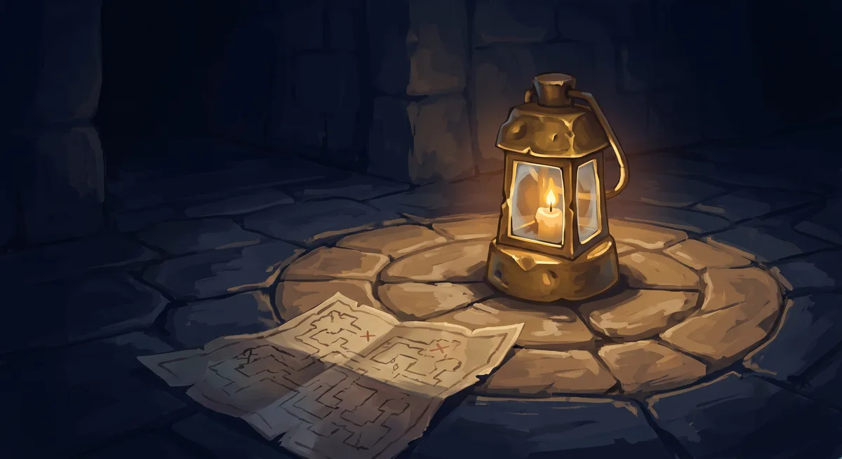 Einzelne Laterne auf dem Steinboden eines Dungeons, der Gang dahinter verliert sich im Dunkeln