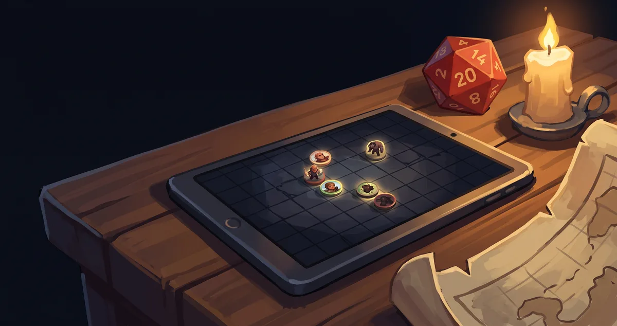 Tablet mit Battlemap im Raster, mehrere Tokens, daneben ein roter W20 und eine Kerze